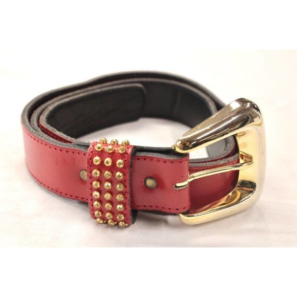 Vintage 1990s Red Leather Belt Gold Studs Buckle Large 29" to 23" waist - Picture 1 of 10